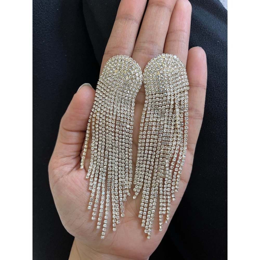 Large clear earrings fringe gold tone  bridal  big , oversized crystal earrings